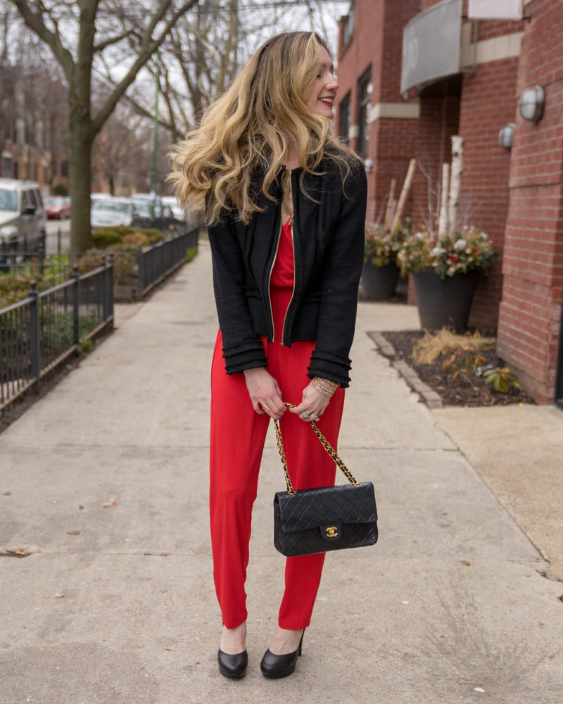 red jumpsuit outfit with jacket