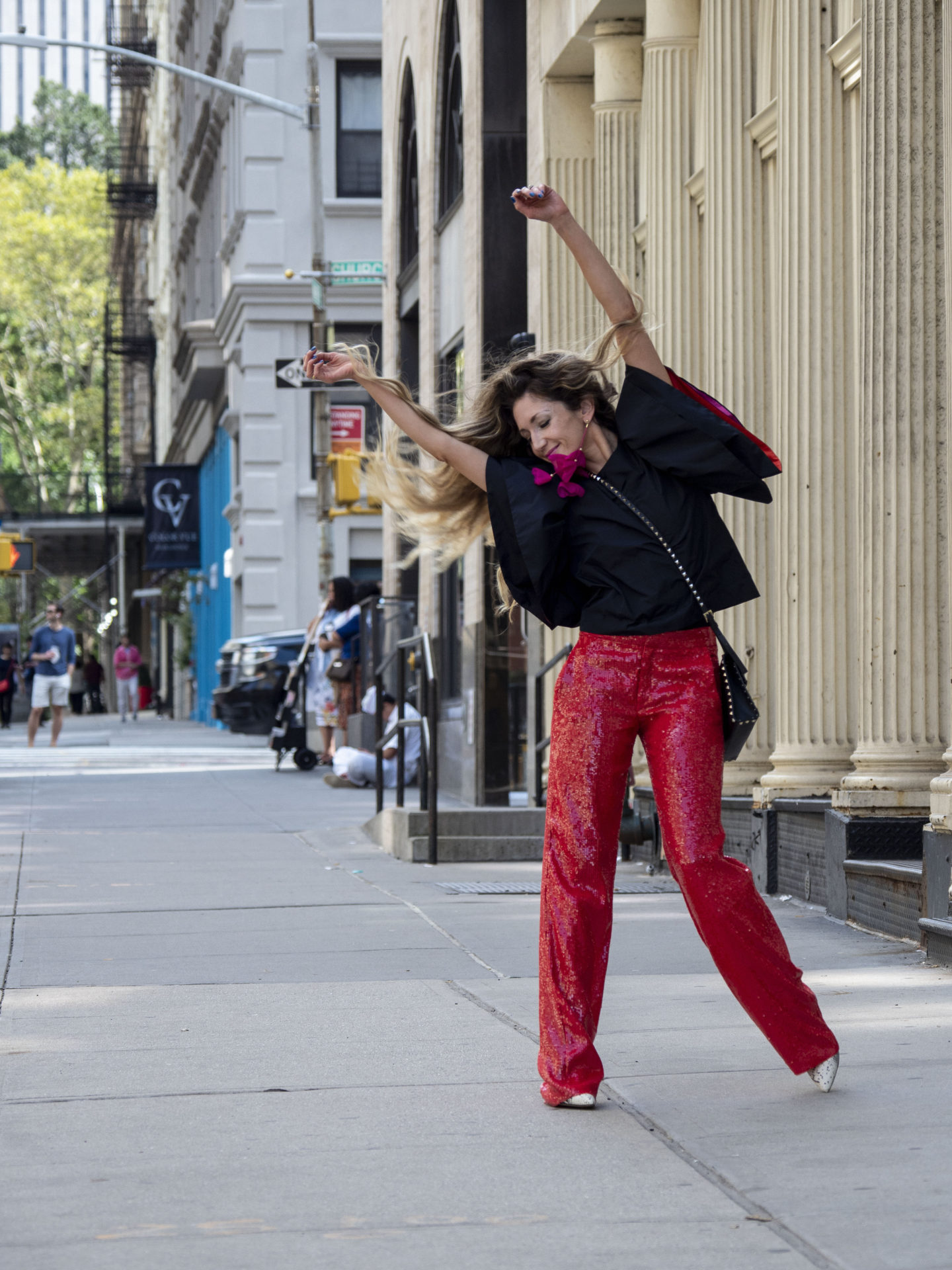 sequin red pants and black top