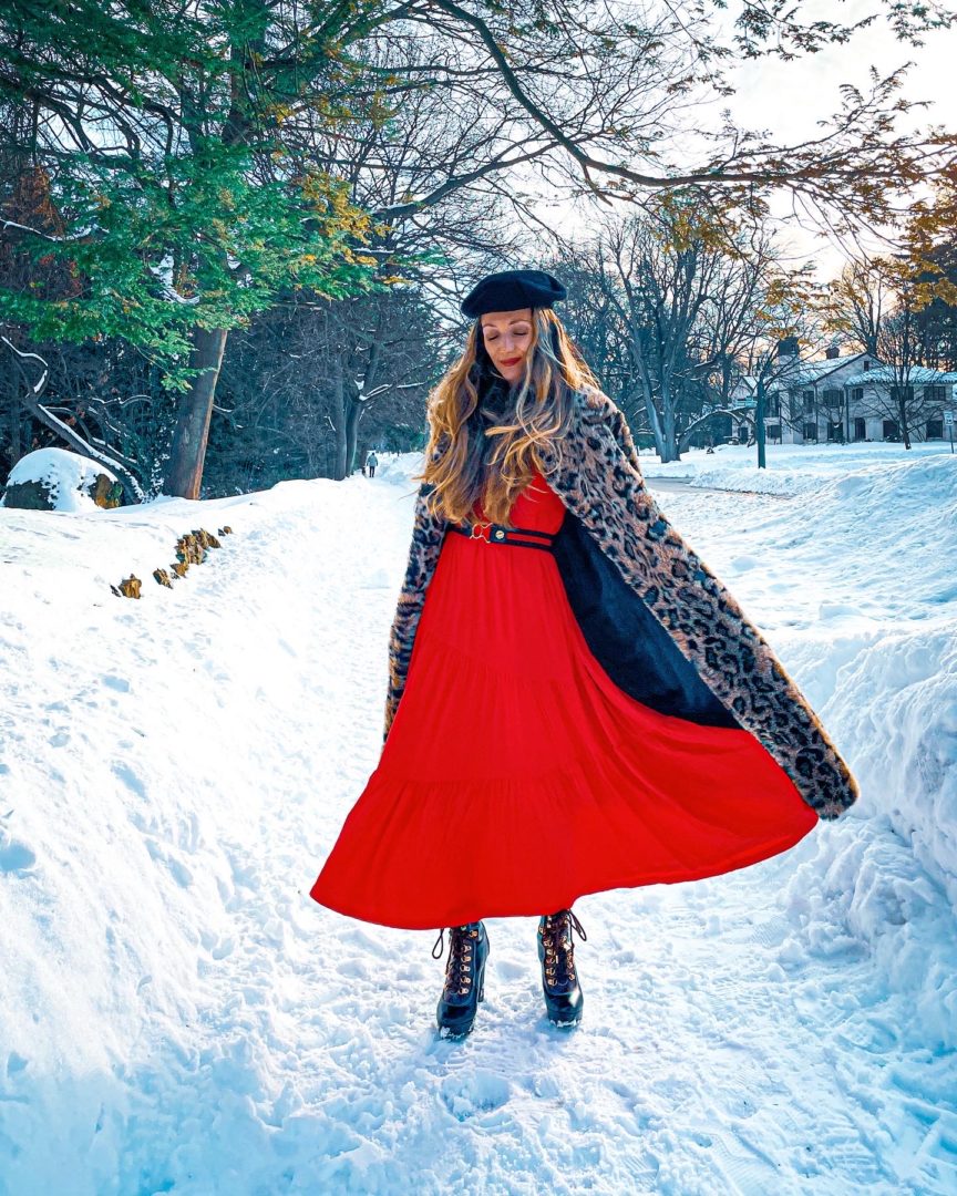 red winter dress