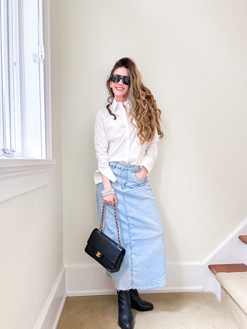 8 Ways To Wear a Long Denim Skirt - Dancing Mama Style